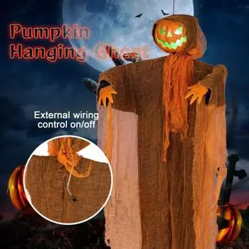 Подвесная тыква на Хэллоуин, светящаяся вращающаяся тыквенная голова со страшным звуком для вечеринок в домах с привидениями, игр-побегов оранжевый