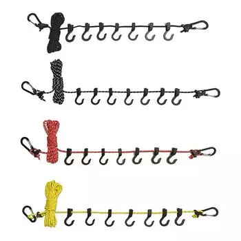 Подвесная веревка, Нескользящая веревка для сушки белья, портативная, ветрозащитная, регулируемая с 7 крючками для домашнего пикника, пешего туризма Black reflective