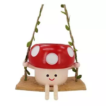 Подвесное кашпо «Гриб-качели» Мультяшный гриб Цветочный горшок из смолы для суккулентов с дренажным отверстием для использования в помещении и на улице красный
