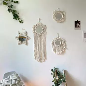 Подвесное настенное зеркало ручной работы. Богемное тканое зеркало-гобелен. Подвеска в форме листа макраме. Зеркало для макияжа.