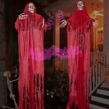 Подвесное украшение для привидения на Хэллоуин, уличный скелет-призрак со светящимися глазами, активируемый голосом, большой дом с привидениями, реквизит для вечеринки, двора, газона, дерева, декора красный