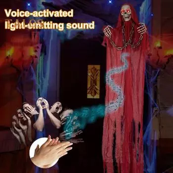 Подвесное украшение для привидения на Хэллоуин, уличный скелет-призрак со светящимися глазами, активируемый голосом, большой дом с привидениями, реквизит для вечеринки, двора, газона, дерева, декора красный