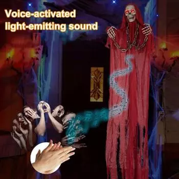 Подвесное украшение для привидения на Хэллоуин, уличный скелет-призрак со светящимися глазами, активируемый голосом, большой