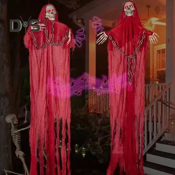 Подвесное украшение для привидения на Хэллоуин, уличный скелет-призрак со светящимися глазами, активируемый голосом, большой дом с привидениями, реквизит для вечеринки, двора, газона, дерева, декора красный
