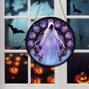 Подвесное украшение на Хэллоуин Призрачный череп Паук Ловец солнца Подвесная акриловая доска для окна Цветная стена окна A