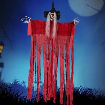 Подвесное украшение-призрак высотой 67 дюймов, подвесной красный скелет ведьмы со звуком и свечением