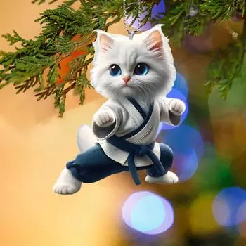 Подвесное украшение в виде кота кунг-фу для дома, рождественской елки, зеркала заднего вида автомобиля, 2D, плоского акрилового украшения в виде котенка, подвесное украшение для… Еще белый