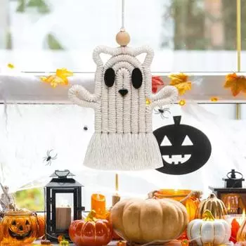 Подвесное украшение в виде привидения на Хэллоуин, сделанное своими руками, деревянная бусина, хлопковая веревка, кисточка, подвесное украшение в виде привидения, праздничная вечеринка, белый кулон-призрак бежевый