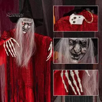 Подвесное украшение в виде привидения высотой 67 дюймов, подвесной красный скелет ведьмы со звуком и светящимися глазами для украшения газона дома с привидениями на Хэллоуин красный