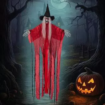 Подвесное украшение в виде привидения высотой 67 дюймов, подвесной красный скелет ведьмы со звуком и светящимися глазами для украшения газона дома с привидениями на Хэллоуин красный