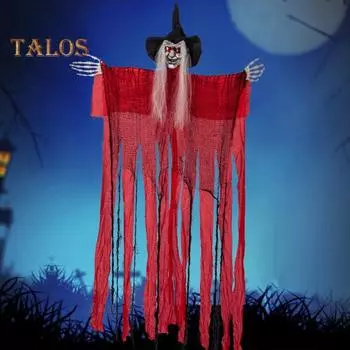 Подвесное украшение в виде привидения высотой 67 дюймов, подвесной красный скелет ведьмы со звуком и светящимися глазами для украшения газона дома с привидениями на Хэллоуин красный