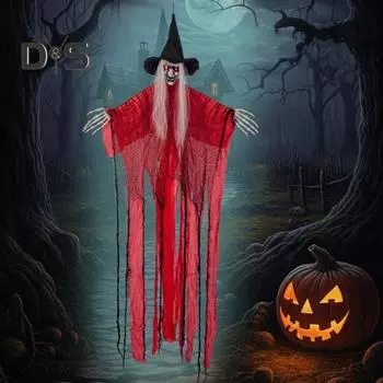 Подвесное украшение в виде привидения высотой 67 дюймов, подвесной красный скелет ведьмы со звуком и светящимися глазами для украшения газона дома с привидениями на Хэллоуин красный