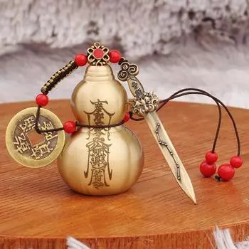 Подвесное украшение в виде тыквы из латуни с резным стилетом, медной монетой, красными бусинами, ретро-китайский стиль, металлическая тыква, украшение в стиле фэншуй, брелок-подвеска золотистый