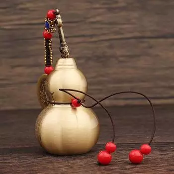 Подвесное украшение в виде тыквы Yousheng Brass с резными шпильками, медной монетой, красными бусинами, ретро-китайский стиль, металлическая тыква, украшение в стиле фэншуй, брелок-подвеска золотистый