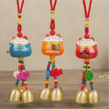 Подвесной автомобильный колокольчик Lucky Cat Bell - украшение для салона автомобиля для спокойного вождения жёлтый