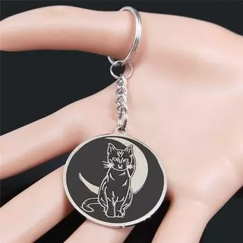 Подвесной брелок для ключей с подвеской в виде кошки из нержавеющей стали с черным котом на годовщину серебряный
