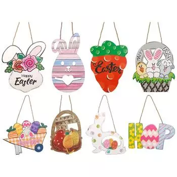 Подвесной кулон с пасхальным кроликом и морковкой, красочный дверной знак, пасхальный домашний дверной подвесной деревянный знак, украшение для вечеринки на Пасху E