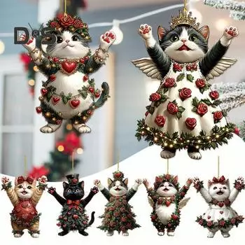 Подвесной кулон в виде кошки, подвеска в виде зеркала заднего вида автомобиля, 2D акриловые украшения в виде кошки на рождественскую елку, розы, подвесные украшения в виде кошки для рождественского декора A
