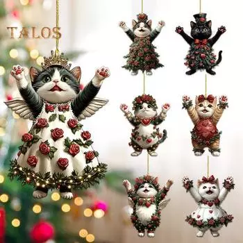 Подвесной кулон в виде кошки, подвеска в виде зеркала заднего вида автомобиля, 2D акриловые украшения в виде кошки на рождественскую елку, розы, подвесные украшения в виде кошки для рождественского декора C