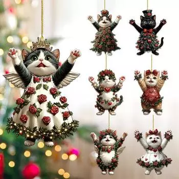 Подвесной кулон в виде кота, подвеска в виде зеркала заднего вида автомобиля, 2D акриловый кот, украшения на елку, розы, кот D