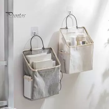 Подвесной мешок для хранения с липкой лентой, боковой сетчатый карман, хлопок, большая вместимость, подвесной органайзер для ванной комнаты, принадлежности для общежития бежевый