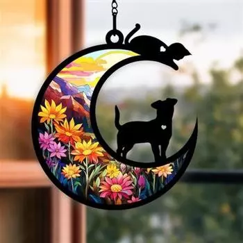 Подвесной орнамент Красочный кот/собака на Луне Дизайн с отверстием для подвешивания Яркий цвет Окно Подвеска-памятник Украшение дома A