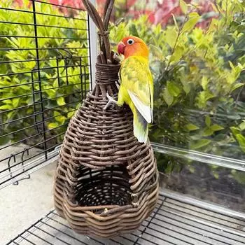 Подвесной плетеный из ротанга домик для птиц в пасторальном стиле скворечник из натурального волокна хижина для птиц уличная клетка плетеное вручную укрытие укрытие