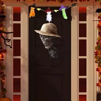 Подвесной реквизит в виде черепа в соломенной шляпе, активируемый звуком, со светящимися глазами, жуткое подвесное украшение в виде черепа для декора на Хэллоуин, дом с привидениями Skull