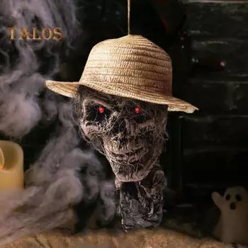 Подвесной реквизит в виде черепа в соломенной шляпе, активируемый звуком, со светящимися глазами, жуткое подвесное украшение в виде черепа для декора на Хэллоуин, дом с привидениями Skull