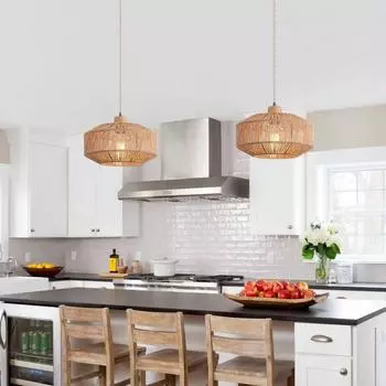 Подвесной светильник из плетеной вилки с абажуром из пеньковой веревки ручной работы, регулируемым выключателем, подвесная лампа из натуральной корзины для домашнего декора EU PLUG