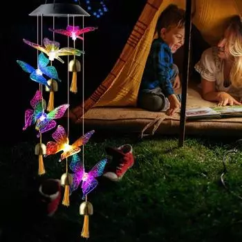 Подвесной светильник Wind Chime Light, водонепроницаемый, легко вешается, светодиодный, работающий на солнечной батарее, бабочка, подвесной колокольчик Wind Bell, домашний декор A разноцветный