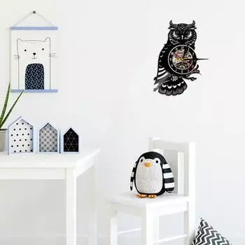 Подвесные часы настенные ретро-стиль Музыкальная пластинка Дизайн Тонкая работа Декоративная Сова Виниловая пластинка Настенные часы Товары для дома чёрный