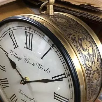 Подвесные металлические часы в винтажном стиле - изготовлены из латуни / двусторонние аналоговые железнодорожные часы / античная латунь или медь с декоративной отделкой