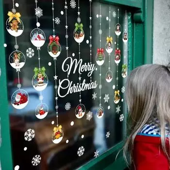 Подвесные рождественские шары, наклейки для украшения дверей, окон, съемные самоклеящиеся наклейки на стену, Санта-олень, веселые рождественские обои 30x80cm