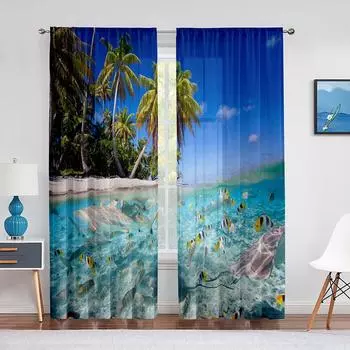 Подводная прозрачная вуаль, занавеска с океаном, тропическим островом, пальмой, морской жизнью, оконные тюлевые шторы для гостиной, спальни, кухни 1 PCS W100XH250cm&Rod Pocket