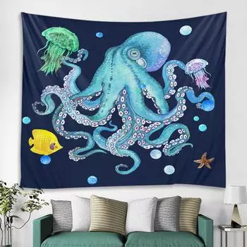 Подводное животное Искусство Осьминог Осьминог Узор Гобелен Хиппи Настенный Гобелен Украшение Гостиной Спальни 100X75CM