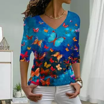 Подводные бабочки Принт Женские футболки Женские топы Длинные рукава V-образный вырез Пуловер Femme Футболки Футболка для женщин XS зелёный