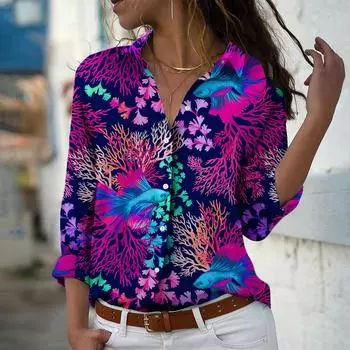 Подводный мир Принт Женская Блузка Весна Осень Femme Офисная Дама На Пуговицах Рубашки С Отложным Воротником XS фиолетовый