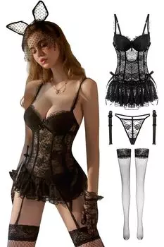 Подвязка для чулок, сексуальное женское белье, сорочка, сексуальное женское белье, экстремальный косплей, кружевные оборки, женственный прозрачный милый бюстгальтер, шорты, чулки с подвязками, 4 шт.