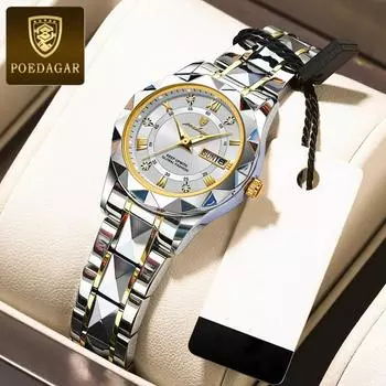 POEDAGAR элегантные кварцевые женские наручные часы с автоматической датой, оригинальные часы лучшего бренда для женщин, роскошные водонепроницаемые светящиеся наручные часы золотой
