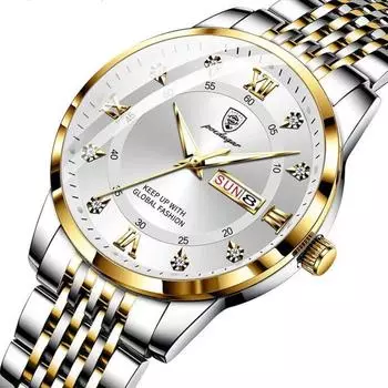 POEDAGAR Auto Date Week Деловые мужские часы из нержавеющей стали Роскошные кнопки Скрытая застежка Водонепроницаемые светящиеся наручные часы синий/серебряный