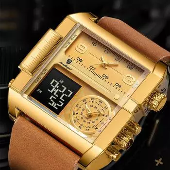 POEDAGAR Auto Day Week Digital Dual Display Многофункциональные кварцевые часы Роскошные мужские прямоугольные водонепроницаемые светящиеся наручные часы чёрный/золотой
