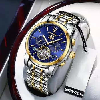 POEDAGAR автоматические механические роскошные наручные часы скелетон турбийон водонепроницаемые дата и неделя мужские часы из нержавеющей стали синий/серебряный