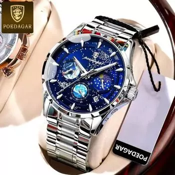 POEDAGAR Брендовые модные кварцевые часы Starry Sky Chronograph с ремешком из нержавеющей стали и кожи, водонепроницаемые, с подсветкой, мужские часы Leather Strap серебряный/синий