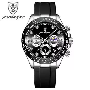 POEDAGAR Business Quartz Watch for Men Luxury Waterproof Luminous Date Chronograph Watches Stainless Steel Strap/Silicone Strap Silicone Strap чёрный