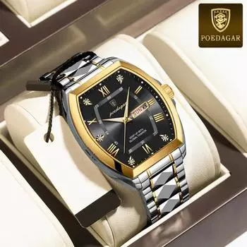 POEDAGAR Часы из нержавеющей стали для мужчин, роскошные брендовые деловые светящиеся водонепроницаемые мужские часы с календарем в корпусе Tonneau, кварцевые наручные часы для мужчин синий/серебряный