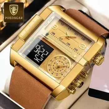 POEDAGAR Мужские часы с двойным дисплеем, прямоугольные, водонепроницаемые, светящиеся, с индикацией дня и недели, мужские наручные часы, цифровые, многофункциональные, мужские кварцевые часы золотой/чёрный