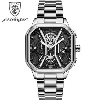 POEDAGAR Fashion Square Dial Chronograph Quartz Watch Men Luxury Stainless Steel Waterproof Luminous Date Men Watches чёрный/золотой