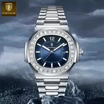 POEDAGAR Fashion Square Watch для мужчин Date из нержавеющей стали кварцевые мужские наручные часы водонепроницаемые светящиеся мужские часы серебряный/синий