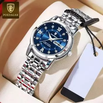 POEDAGAR Элегантные модные женские часы с римским циферблатом и бриллиантами Оригинальные кварцевые часы для девушек Водонепроницаемые из нержавеющей стали Светящиеся новые синий/серебряный